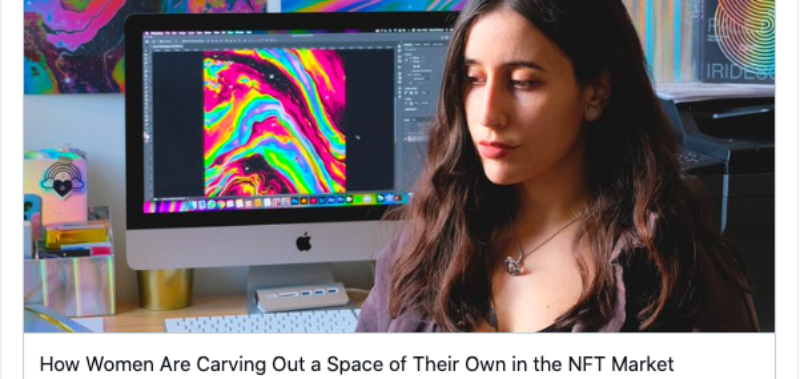 woman with long hair sitting in front of computer monitor showing colorful art